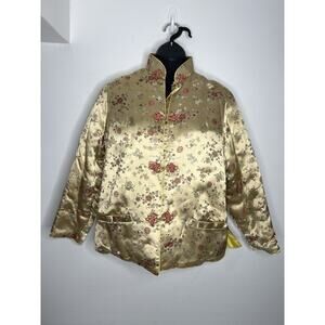 Vtg Chinese Silk Jacket Top Gold Floral Frog Closure Mandarin Collar Size Large